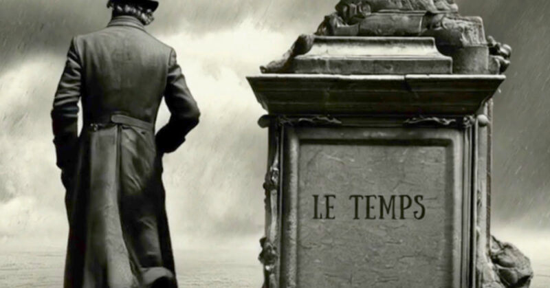 Pochette album avec une homme de dot avec haut de forme a gauche, et une pierre tombal avec écrit "le temps"